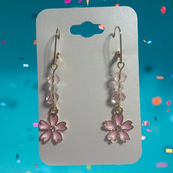 Flower Earrings with Crystal Beads on Gold Plated Leverbacks Handcrafted - Picture 1 of 3